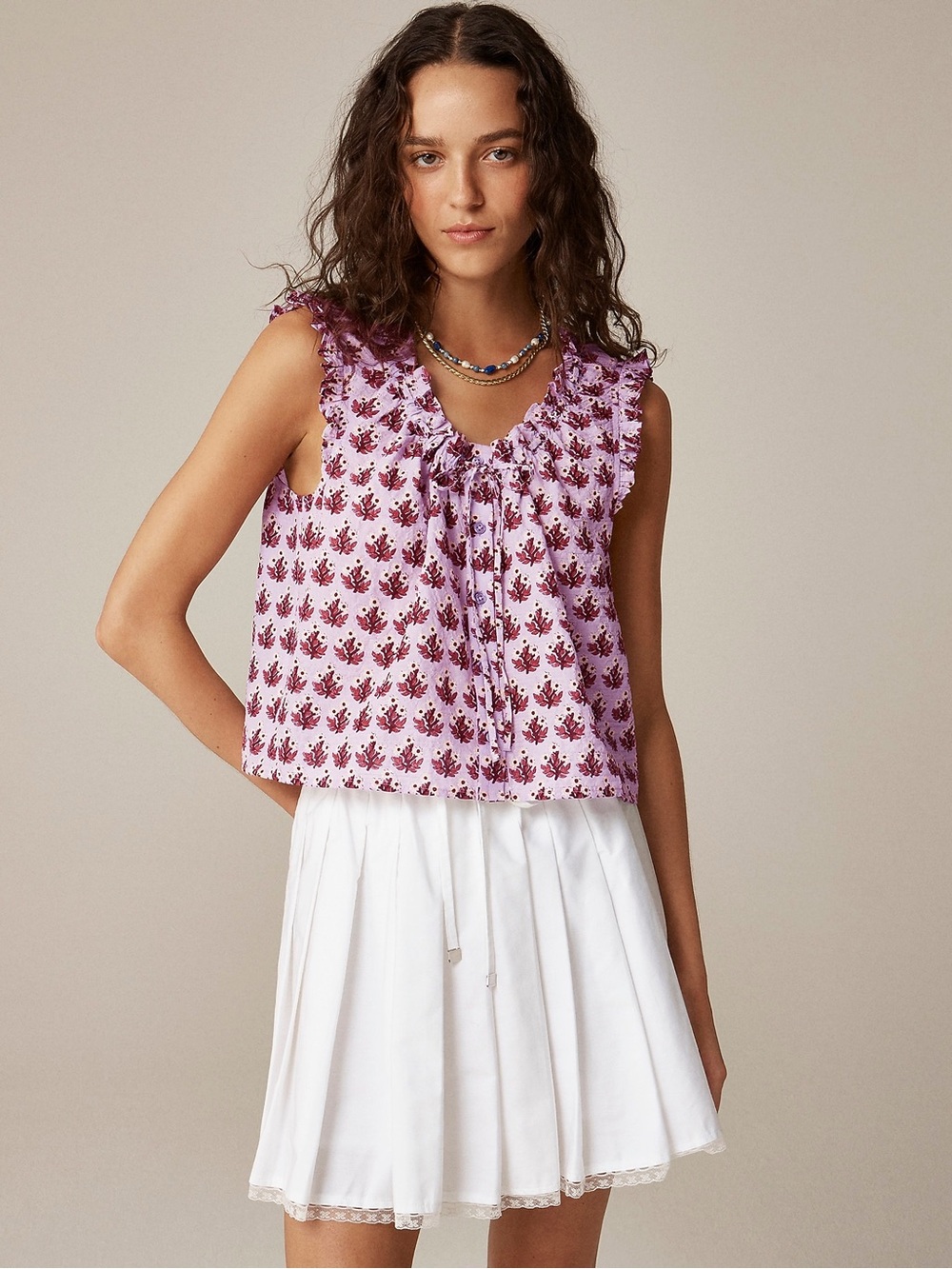 NWOT J.Crew Ruffle-trim Button-up Sleeveless Top Lavender Floral Block Print